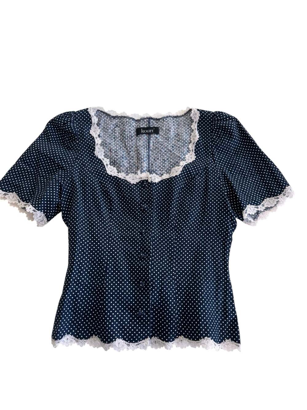 Kourt Navy Blue and White Polka Dot Short Sleeve Blouse with Lace Trim and Back